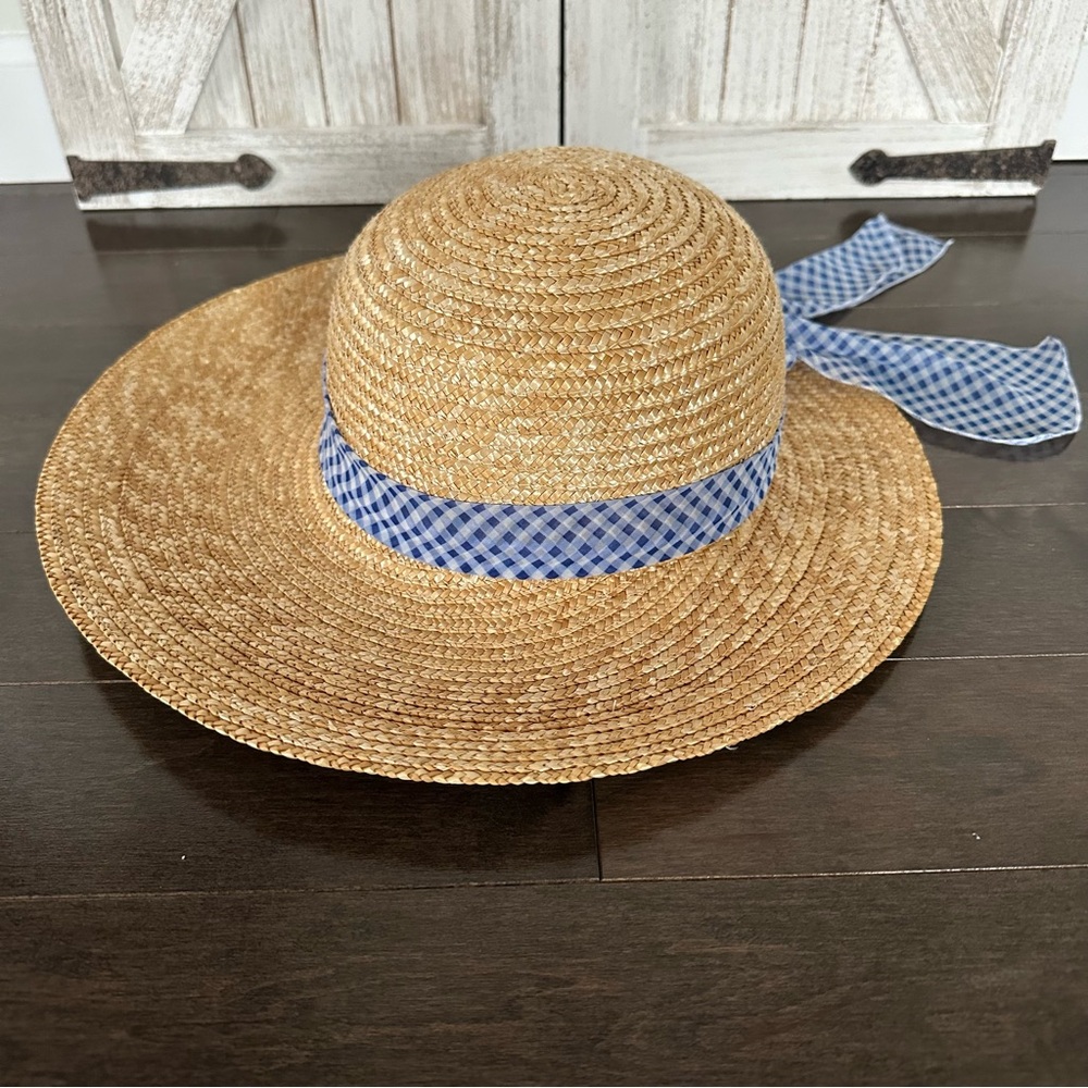 NWT Talbots Straw Brim Hat Blue White Gingham Ribbon Beach‎ Spring Summer Sun